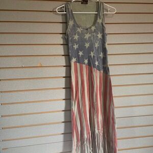 Party American Flag Maxi Dress Tattered Fringed Tank Sleeveless Women L